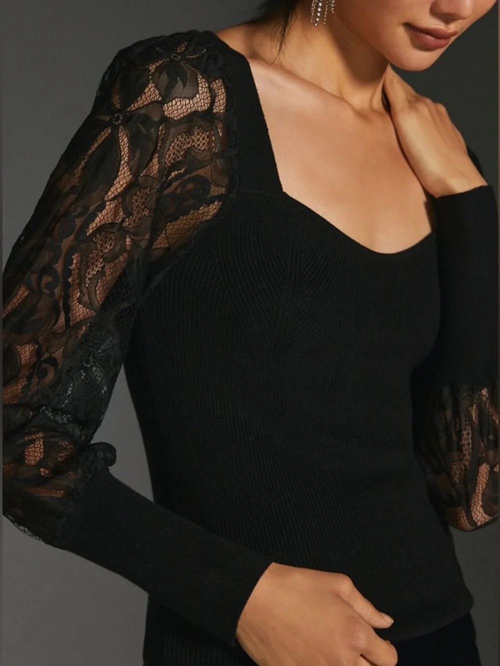 NWT Black Sweetheart Lace Sleeves Knit Top- Anthropologie